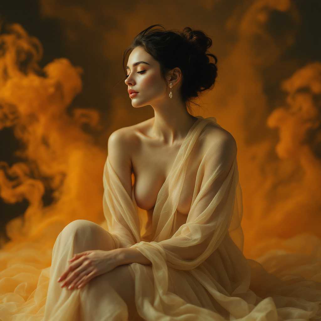 The image features a person seated with their legs crossed. They are draped in a flowing, sheer garment that cascades around them, giving the appearance of movement and lightness. The garment seems to be caught in a gentle breeze, as if its floating around the figure. The persons hair is styled in an updo, with tendrils softly framing their face and neck. They are wearing a delicate earring that adds a touch of elegance.The background is a swirl of fiery oranges and yellows, reminiscent of smoke or a sunset. This vibrant backdrop contrasts with the figures more subdued tones, creating a sense of depth and focus on the subject. The interaction between the figure and the background is one of calm and poise the figure appears serene and at peace, harmonizing with the dynamic energy of the background.