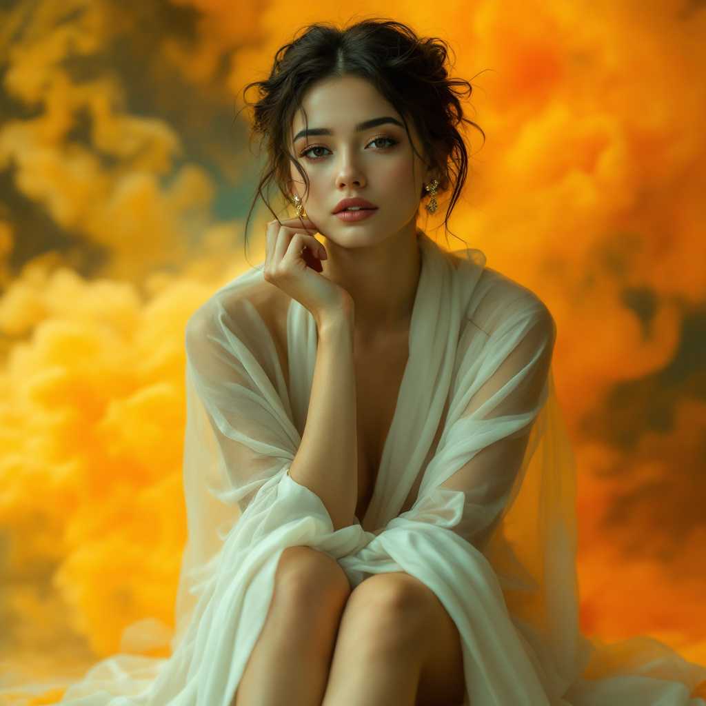 The image features a person seated with their legs crossed. They are draped in a flowing, sheer garment that cascades around them, giving the appearance of movement and lightness. The garment seems to be caught in a gentle breeze, as if its floating around the figure. The persons hair is styled in an updo, with tendrils softly framing their face and neck. They are wearing a delicate earring that adds a touch of elegance.The background is a swirl of fiery oranges and yellows, reminiscent of smoke or a sunset. This vibrant backdrop contrasts with the figures more subdued tones, creating a sense of depth and focus on the subject. The interaction between the figure and the background is one of calm and poise the figure appears serene and at peace, harmonizing with the dynamic energy of the background.