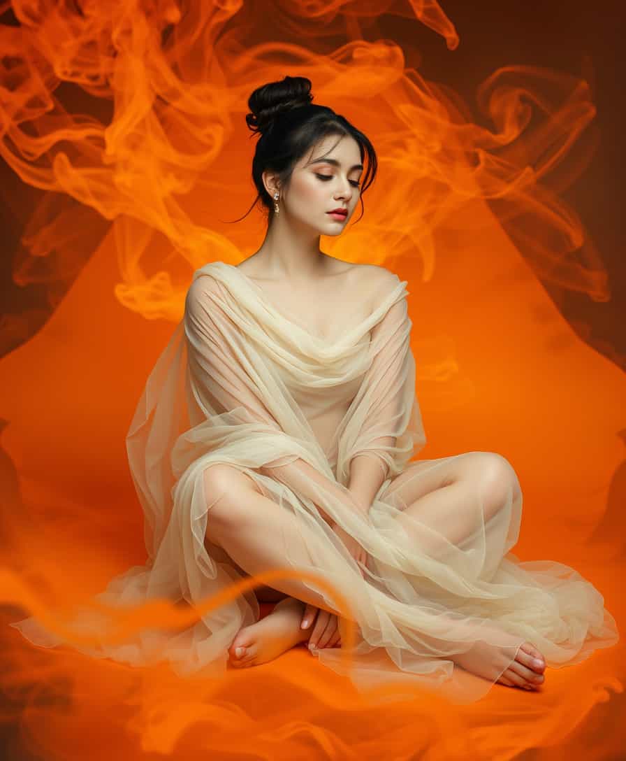 The image features a person seated with their legs crossed. They are draped in a flowing, sheer garment that cascades around them, giving the appearance of movement and lightness. The garment seems to be caught in a gentle breeze, as if its floating around the figure. The persons hair is styled in an updo, with tendrils softly framing their face and neck. They are wearing a delicate earring that adds a touch of elegance.The background is a swirl of fiery oranges and yellows, reminiscent of smoke or a sunset. This vibrant backdrop contrasts with the figures more subdued tones, creating a sense of depth and focus on the subject. The interaction between the figure and the background is one of calm and poise the figure appears serene and at peace, harmonizing with the dynamic energy of the background.