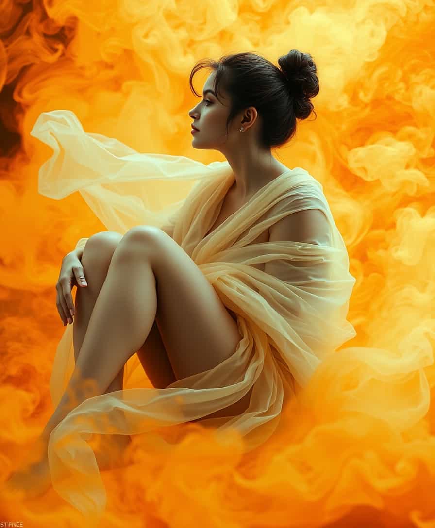 The image features a person seated with their legs crossed. They are draped in a flowing, sheer garment that cascades around them, giving the appearance of movement and lightness. The garment seems to be caught in a gentle breeze, as if its floating around the figure. The persons hair is styled in an updo, with tendrils softly framing their face and neck. They are wearing a delicate earring that adds a touch of elegance.The background is a swirl of fiery oranges and yellows, reminiscent of smoke or a sunset. This vibrant backdrop contrasts with the figures more subdued tones, creating a sense of depth and focus on the subject. The interaction between the figure and the background is one of calm and poise the figure appears serene and at peace, harmonizing with the dynamic energy of the background.
