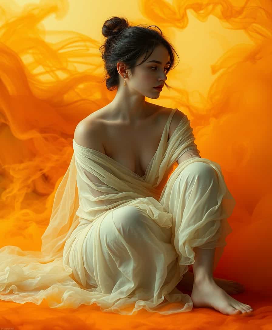 The image features a person seated with their legs crossed. They are draped in a flowing, sheer garment that cascades around them, giving the appearance of movement and lightness. The garment seems to be caught in a gentle breeze, as if its floating around the figure. The persons hair is styled in an updo, with tendrils softly framing their face and neck. They are wearing a delicate earring that adds a touch of elegance.The background is a swirl of fiery oranges and yellows, reminiscent of smoke or a sunset. This vibrant backdrop contrasts with the figures more subdued tones, creating a sense of depth and focus on the subject. The interaction between the figure and the background is one of calm and poise the figure appears serene and at peace, harmonizing with the dynamic energy of the background.