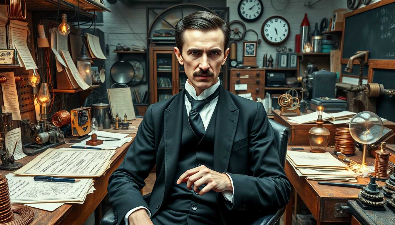 Nikola Tesla is a tall, slender man with sharp facial features, neatly combed dark hair, and a trademark mustache, usually seen dressed in a dark suit and tie. He is focused and intense in his workshop, surrounded by coils, electrical devices, and papers, working tirelessly on his inventions.

Tesla, tall, slender, mustache, sharp features, dark suit, tie, neatly combed hair, intense gaze, papers, blueprints, notebooks, pencils, desk, leather chair, copper coils, wires, electric arcs, lightbulbs, batteries, resistors, capacitors, transformers, insulators, oscillators, magnet, switchboard, control panel, glass tubes, voltage meter, dynamo, motor, telegraph machine, wooden floor, cluttered shelves, brass instruments, magnifying glass, Tesla coil, sparks, oil lamp, rubber gloves, steel rods, gears, screwdrivers, gears, pliers, soldering iron, workbench, wall clock, chalkboard.
