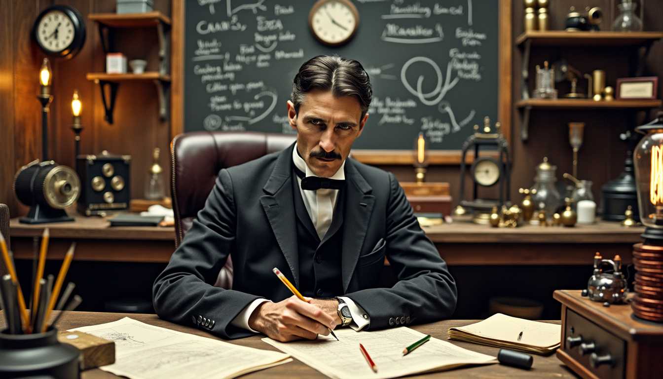 Nikola Tesla is a tall, slender man with sharp facial features, neatly combed dark hair, and a trademark mustache, usually seen dressed in a dark suit and tie. He is focused and intense in his workshop, surrounded by coils, electrical devices, and papers, working tirelessly on his inventions.

Tesla, tall, slender, mustache, sharp features, dark suit, tie, neatly combed hair, intense gaze, papers, blueprints, notebooks, pencils, desk, leather chair, copper coils, wires, electric arcs, lightbulbs, batteries, resistors, capacitors, transformers, insulators, oscillators, magnet, switchboard, control panel, glass tubes, voltage meter, dynamo, motor, telegraph machine, wooden floor, cluttered shelves, brass instruments, magnifying glass, Tesla coil, sparks, oil lamp, rubber gloves, steel rods, gears, screwdrivers, gears, pliers, soldering iron, workbench, wall clock, chalkboard.
