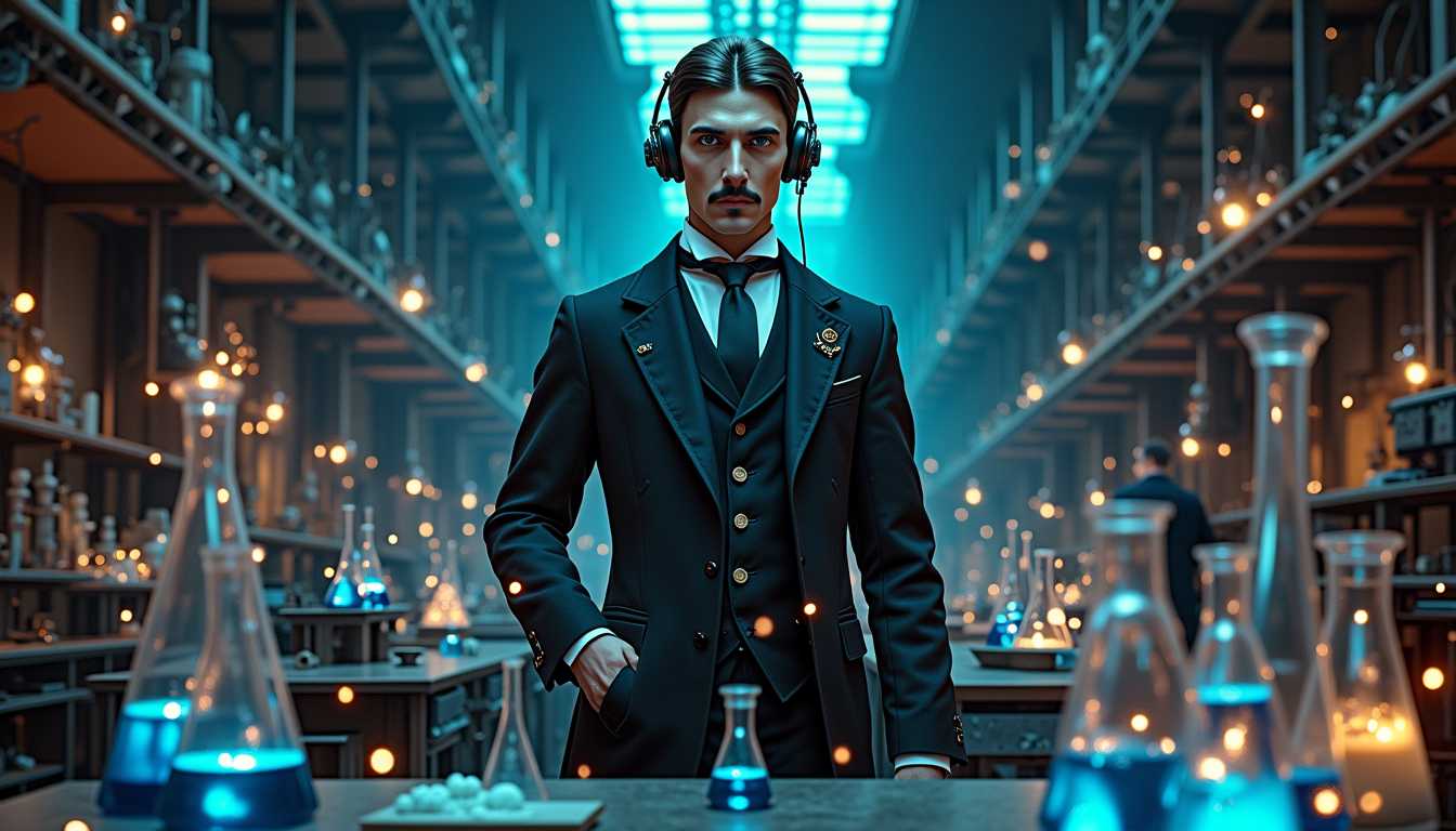 Steampunk Scientist in Lab with Blue Lights and Glass Beakers