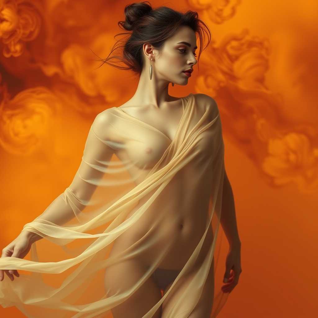 Elegant Nude Woman in Artistic Pose with Draped Gown and Orange Background