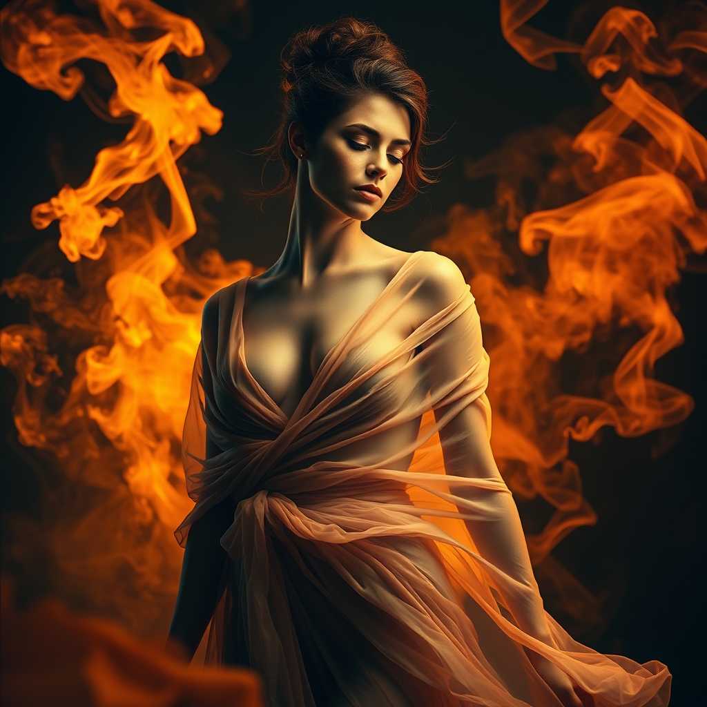 Perfect RAW Photo, A sexy woman in dynamic pose and under spotlight. They are draped in a flowing, sheer garment that cascades around them, giving the appearance of movement and lightness. The garment caught in a gentle breeze, floating around the figure. Her hair is styled in an updo, with tendrils softly framing their face and neck.
She is surrounded with a swirl of fiery oranges and yellows smoke. This vibrant smoke in the foreground and background contrasts with the figures more subdued tones, creating a sense of depth and focus on the subject. The interaction between the figure and the background is one of calm and poise the figure appears serene and at peace, harmonizing with the dynamic energy of the background.