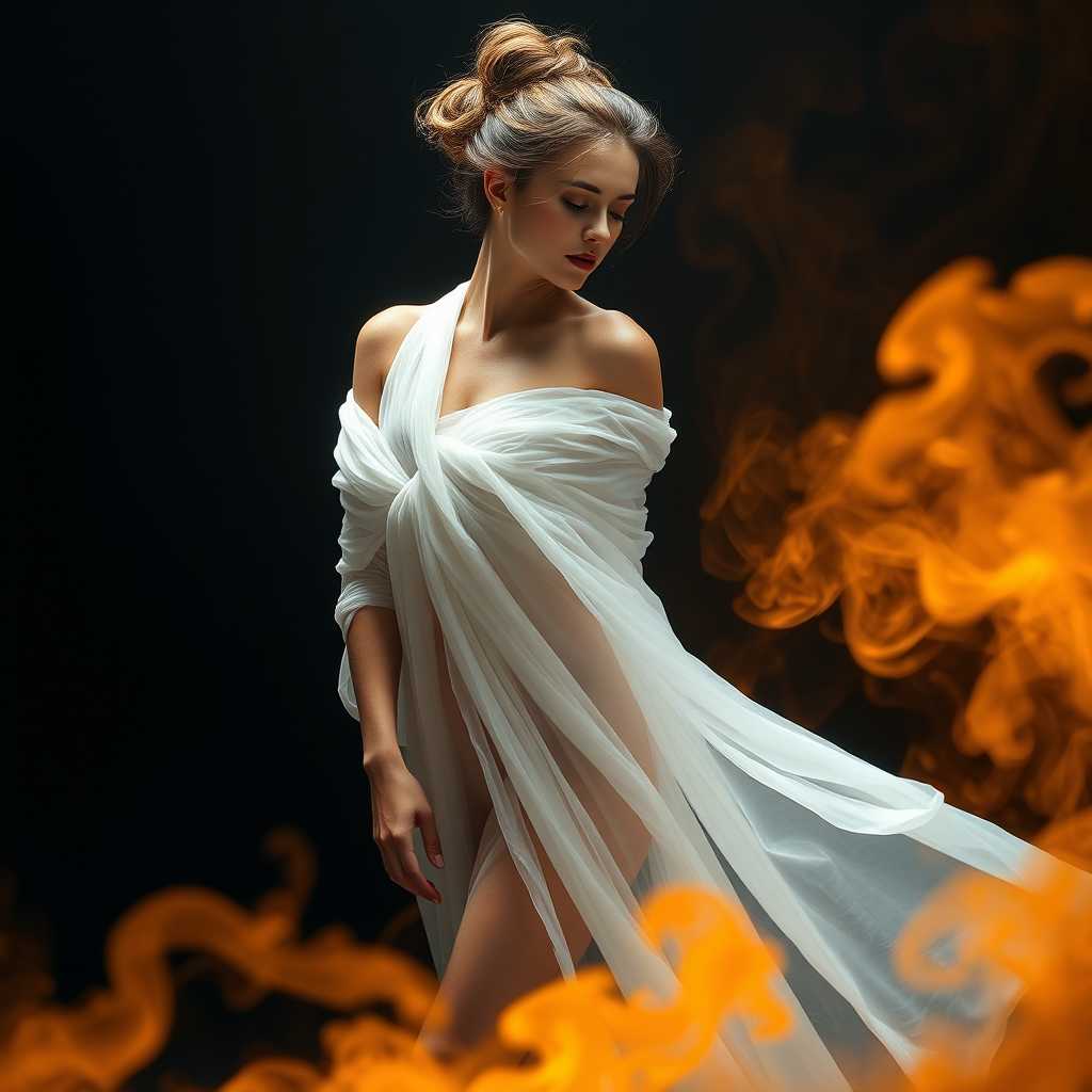 Perfect RAW Photo, A sexy woman in dynamic pose and under spotlight. They are draped in a flowing, sheer white garment that cascades around them, giving the appearance of movement and lightness. The garment caught in a gentle breeze, floating around the figure. Her hair is styled in an updo, with tendrils softly framing their face and neck.
She is surrounded with a swirl of fiery oranges and yellows smoke. This vibrant smoke in the foreground and background contrasts with the figures more subdued tones, creating a sense of depth and focus on the subject. The interaction between the figure and the background is one of calm and poise the figure appears serene and at peace, harmonizing with the dynamic energy of the background.
