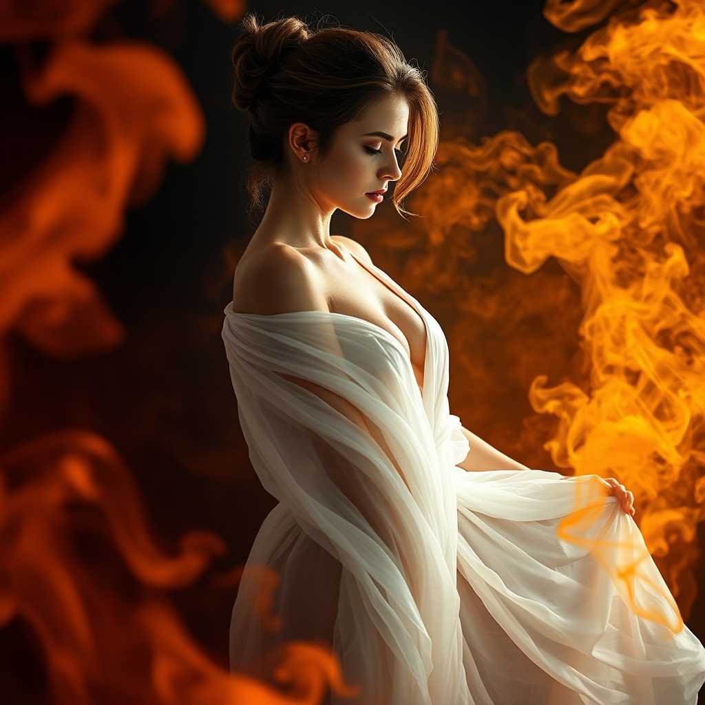Perfect RAW Photo, A sexy woman in dynamic pose and under spotlight. They are draped in a flowing, sheer white garment that cascades around them, giving the appearance of movement and lightness. The garment caught in a gentle breeze, floating around the figure. Her hair is styled in an updo, with tendrils softly framing their face and neck.
She is surrounded with a swirl of fiery oranges and yellows smoke. This vibrant smoke in the foreground and background contrasts with the figures more subdued tones, creating a sense of depth and focus on the subject. The interaction between the figure and the background is one of calm and poise the figure appears serene and at peace, harmonizing with the dynamic energy of the background.
