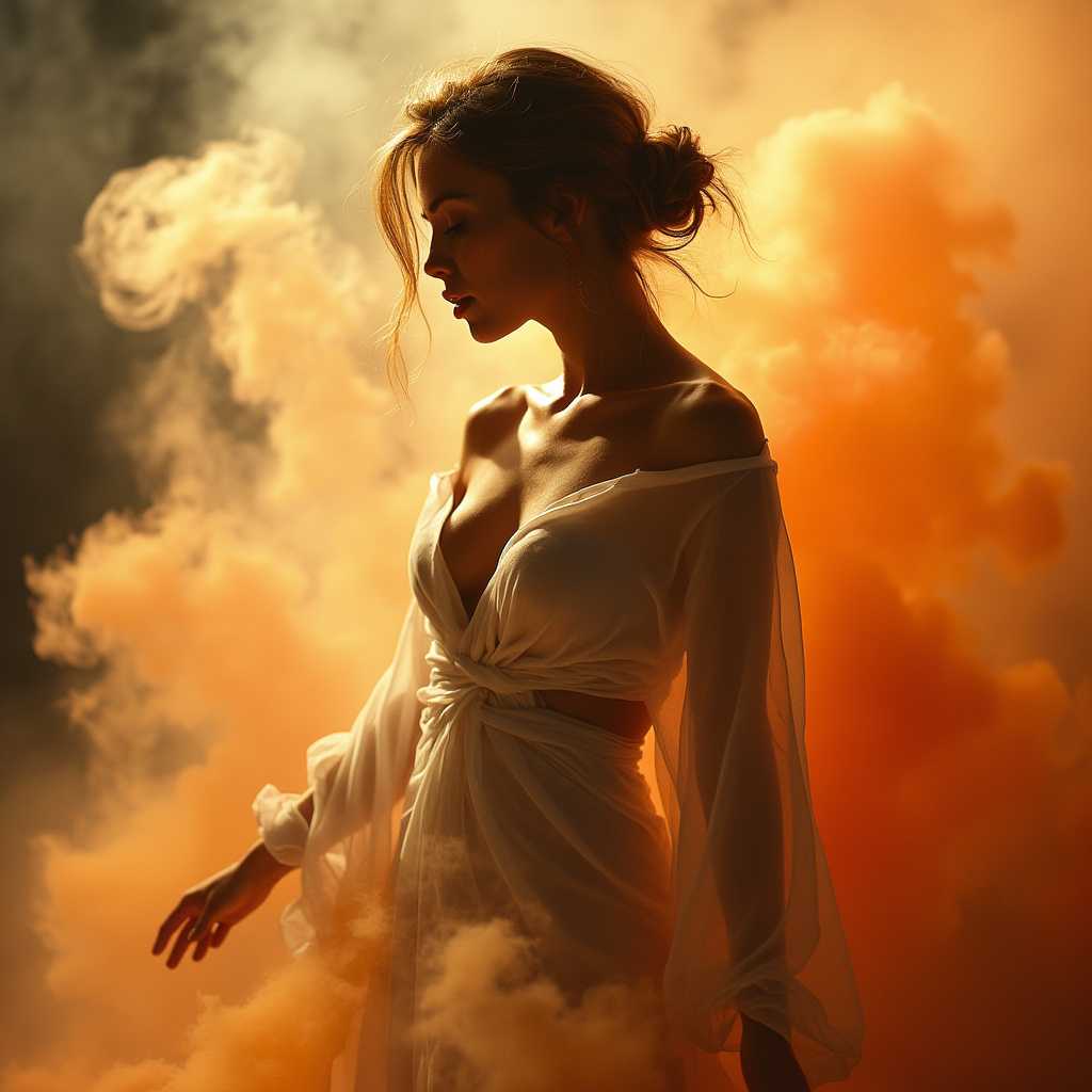 Perfect RAW Photo, A sexy woman in dynamic pose and under spotlight. They are draped in a flowing, sheer white garment that cascades around them, giving the appearance of movement and lightness. The garment caught in a gentle breeze, floating around the figure. Her hair is styled in an updo, with tendrils softly framing their face and neck.
She is surrounded with a swirl of fiery oranges and yellows smoke. This vibrant smoke in the foreground and background contrasts with the figures more subdued tones, creating a sense of depth and focus on the subject. The interaction between the figure and the background is one of calm and poise the figure appears serene and at peace, harmonizing with the dynamic energy of the background.