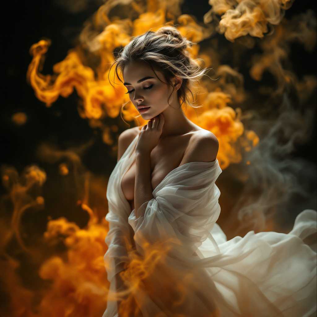 Elegant Woman in Smoky Background with Orange Flames