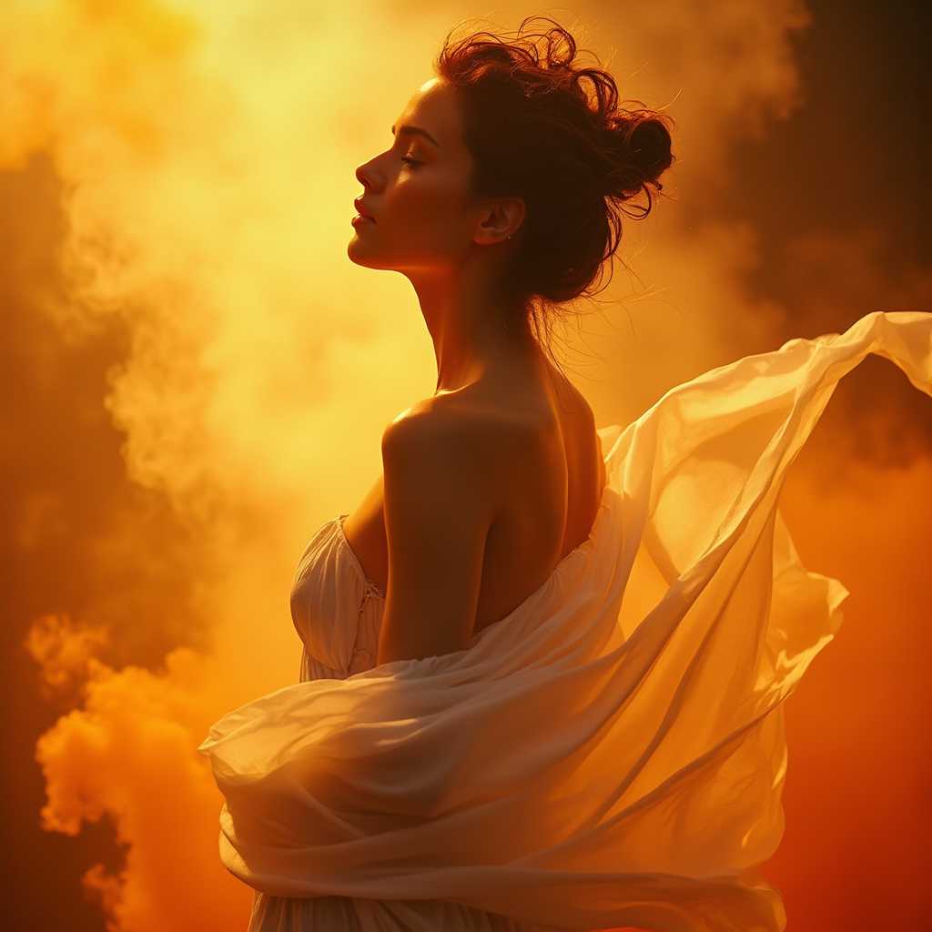 Perfect RAW Photo, A sexy woman in dynamic pose and under spotlight. They are draped in a flowing, sheer white garment that cascades around them, giving the appearance of movement and lightness. The garment caught in a gentle breeze, floating around the figure. Her hair is styled in an updo, with tendrils softly framing their face and neck.
She is surrounded with a swirl of fiery oranges and yellows smoke. This vibrant smoke in the foreground and background contrasts with the figures more subdued tones, creating a sense of depth and focus on the subject. The interaction between the figure and the background is one of calm and poise the figure appears serene and at peace, harmonizing with the dynamic energy of the background.