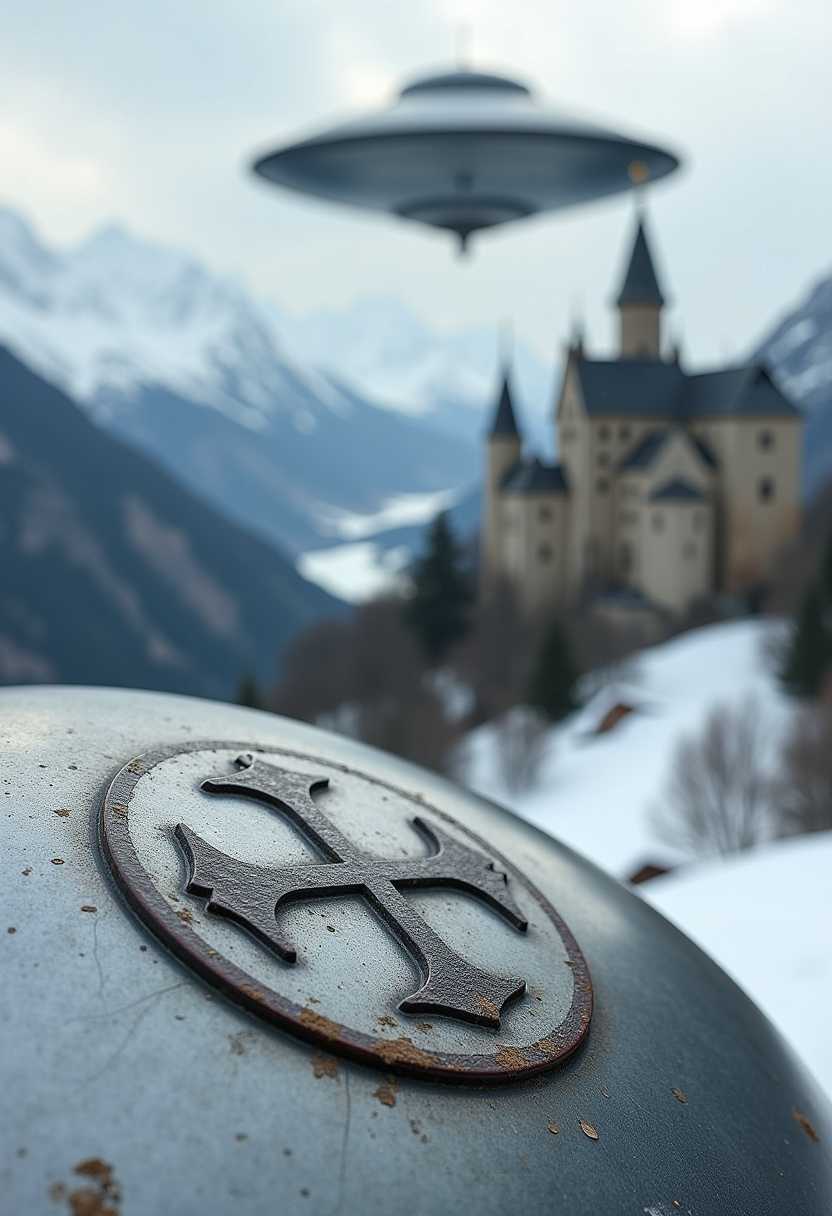 Plejaren symbols scratched onto a metal surface in the foreground, flying saucer background, mountains, snow, german castle