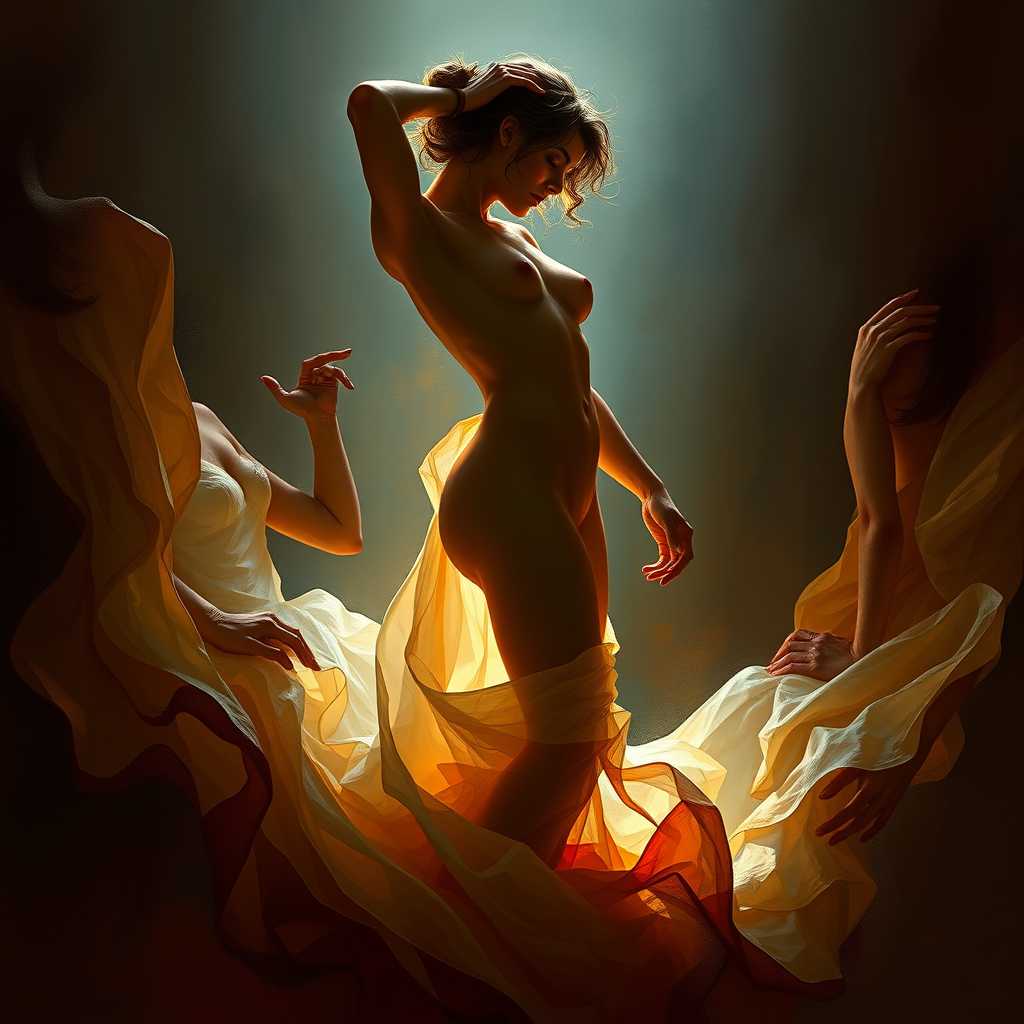 The art style in this image is reminiscent of digital painting, with a focus on creating a dreamlike and ethereal quality. The use of light and shadow is dramatic, with a chiaroscuro effect that adds depth and dimension to the subjects form. The colors are rich and saturated, with a warm palette that suggests passion and intensity. Artistic influences could include the following:
1. Renaissance Portraiture The figures pose and the way the light falls on the body are reminiscent of the chiaroscuro techniques used in Renaissance portraiture, where the interplay of light and shadow is used to sculpt the form and convey emotion.
2. Baroque Art The dramatic use of light and dark, as well as the dynamic composition, could be influenced by Baroque art, which often features exaggerated emotional expressions and theatrical poses.
3. Surrealism The surreal quality of the image, with its dreamlike and otherworldly elements, could be influenced by Surrealist art, which often explores the subconscious and the irrational.
4. Digital Painting The smooth blending of colors and the realistic rendering of textures are characteristic of digital painting techniques, which have become increasingly popular in contemporary art.
Overall, the image combines elements of classical portraiture with modern digital painting techniques to create a visually striking and emotionally evocative piece.