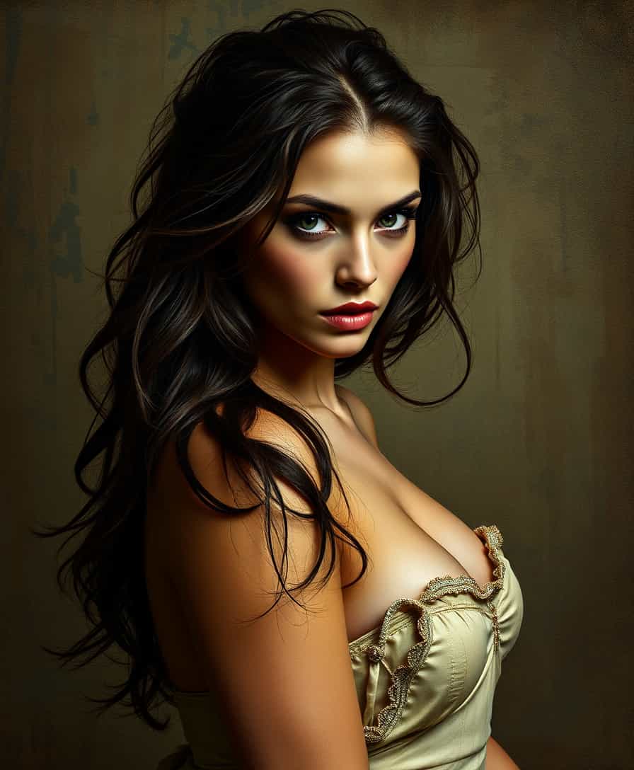 Seductive Woman in Gold Dress with Intense Eyes