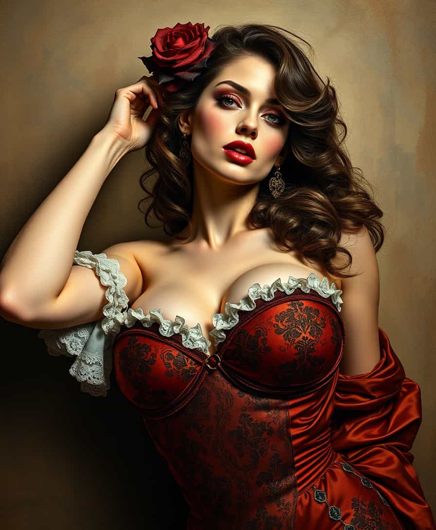 Vintageinspired red dress with lace and ruffles, model posing with a red rose