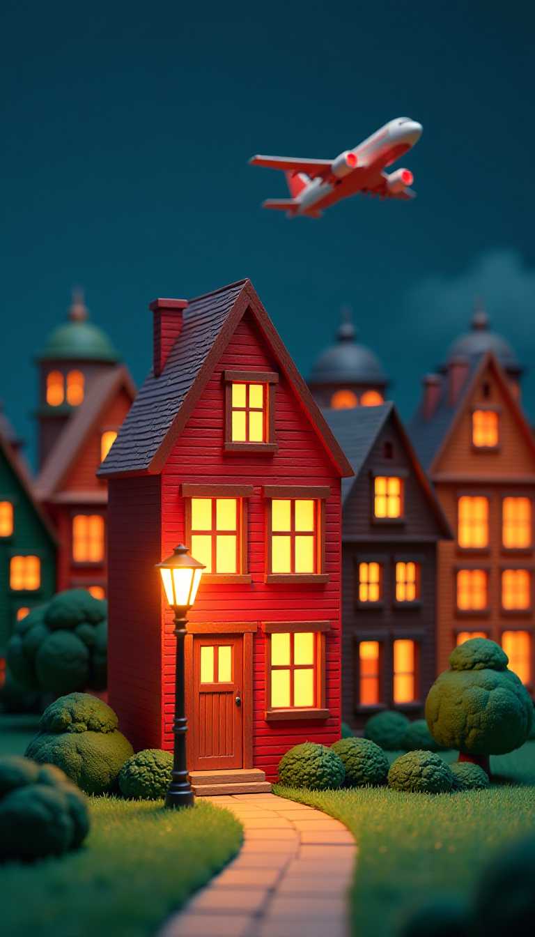 This image features simplified 3D wooden models with shiny paint, characterized by bold outlines, flat colors, and exaggerated shapes. The colors are quite vibrant and stand out against the dark blue night sky. Airplane in the sky, with detailed textures.The buildings are in warm tones of red, orange, and brown, with the red building in the center being the most prominent. The sky is a deep navy blue, which contrasts sharply with the warm colors of the buildings. The greenery in the foreground is lush and varied, with shades of green that suggest depth and texture.There are several objects in the image. In the foreground, there is a single, classic street lamp that casts a soft, yellow light on the grass, creating a focal point and adding to the serene atmosphere. A pathway leads up to the entrance of the red building, flanked by the greenery. The buildings themselves are adorned with a variety of windows, each glowing with a soft, yellow light, suggesting life and warmth within. The windows vary in shape and size, and some are topped with curtains or shutters, adding to the charm of the scene.In the background, there are more buildings that fade into the darkness, their outlines softened by the night. The tallest building in the background has a domelike roof, which adds to the architectural diversity of the scene. Airplane in the sky,