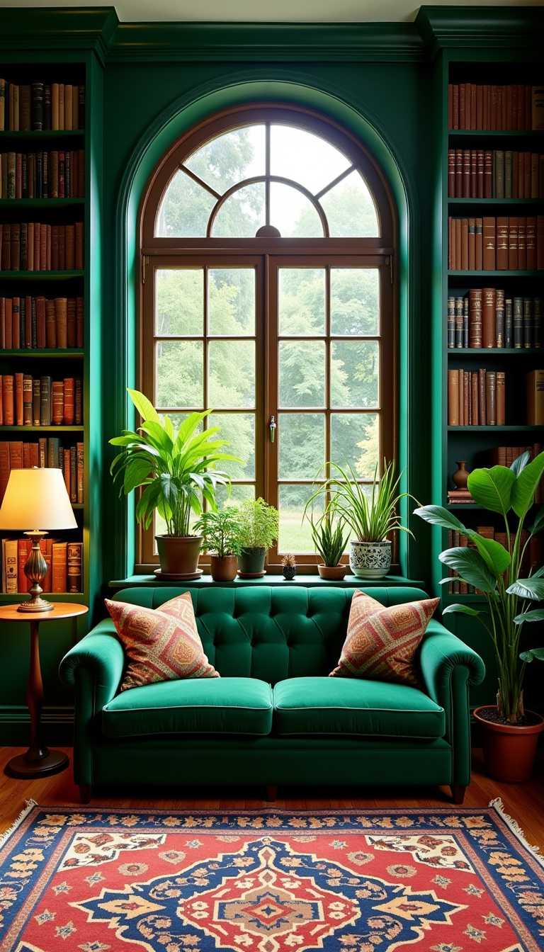 This image depicts a richly appointed room that exudes a sense of tranquility and intellectual charm. The room is dominated by a deep, emerald green color palette, which is echoed in the walls, bookshelves, and the plush green sofa that anchors the space. The bookshelves are lined with an extensive collection of books, bound in a variety of colors, primarily browns and creams, which adds a touch of warmth to the cool tones of the room.The focal point of the room is a large, semicircular window that bathes the space in natural light. The window is framed in a classic, dark wood that contrasts with the greenery outside and the vibrant interior. The window panes are divided into a series of small squares, which allows for a soft diffusion of light, enhancing the rooms inviting atmosphere.In front of the window sits a traditional, tufted green sofa with a high back and button detailing, which adds a touch of elegance to the room. The sofa is accessorized with patterned throw pillows in earthy tones that complement the surrounding decor.On the left side of the room, there is a small, round side table with a classic lamp on top. The lamp has a simple design with a conical shade, and it casts a warm glow, creating a cozy reading nook by the window.The floor is covered with a richly patterned, multicolored rug that anchors the space and adds texture to the room. The rug features intricate geometric and floral patterns, with a predominance of warm tones that contrast with the cool greens and blues.Throughout the room, there are various potted plants that introduce a natural element and a burst of color. These plants are placed thoughtfully around the room, on the shelves, and on the windowsill, creating a sense of vitality and connection to the outdoors.