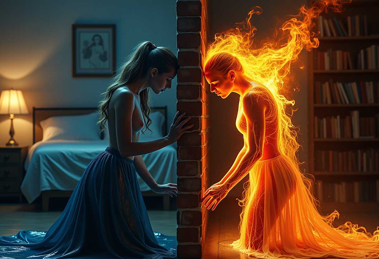 A hyper-realistic image with two human figures: a woman made of water on the left, wearing a gown of liquid in shades of blue and black; and a man made of fire on the right, with flames in orange, red, and yellow. They face a brick wall that separates them, leaning towards each other with hands on the wall and heads lowered in longing. The left background has a dimly lit room with a bed, and the right has a bookshelf. Add artistic elements on the walls in the background, ultra detail, cinematic, bioluminescence, perfect details.