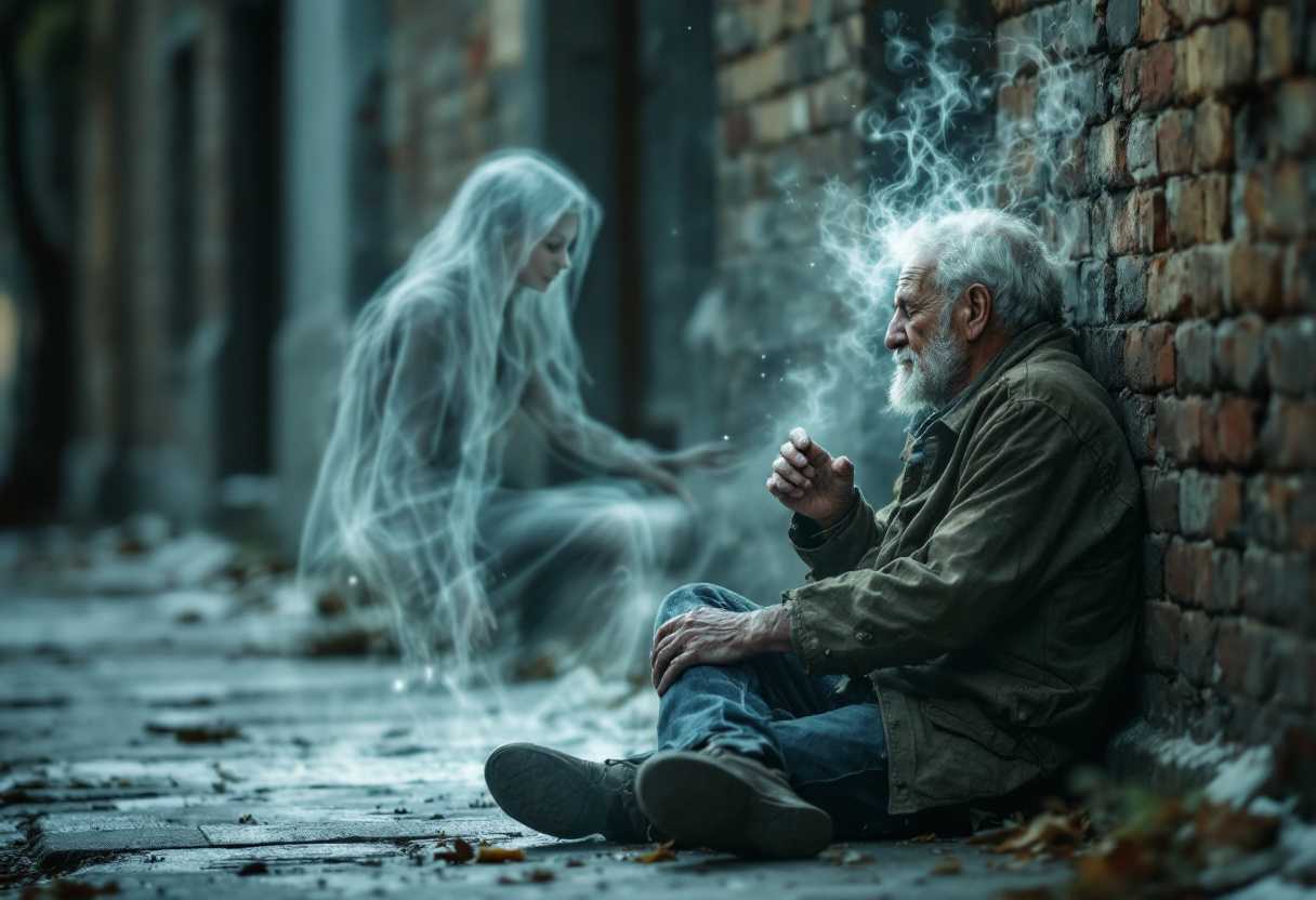 beautifully weathered old homeless veteran sitting on the ground slumping against the wall of a building with his eyes closed. there is an Ethereal ghost, translucent figure of a beautiful elderly woman comforting him