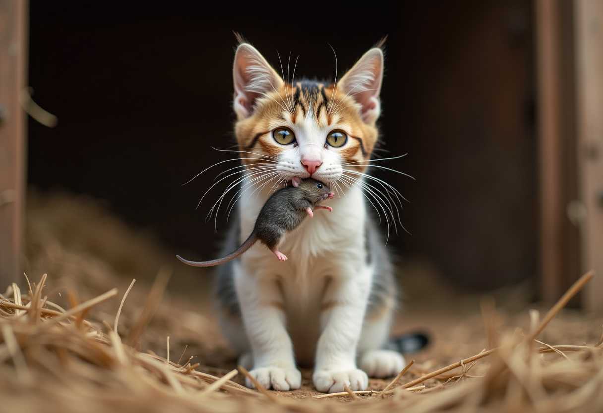 a cat catch's a mouse. holds it in her mouth. background in a barn