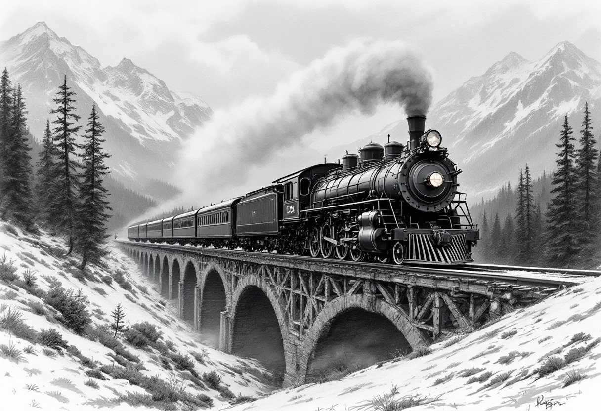 an 1890 steam engine on the trans-canada rail line as it crosses a bridge in the rocky mountains black and white artist sketch style