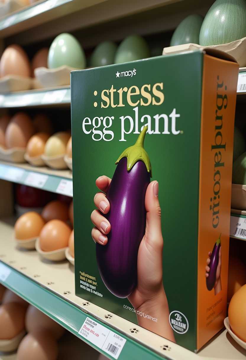 “stress egg plant” theme. cgi style. a box on the shelf in Macy’s with a pale strained hand grabbing a plastic eggplant on it, with the text in white “stress egg plant”