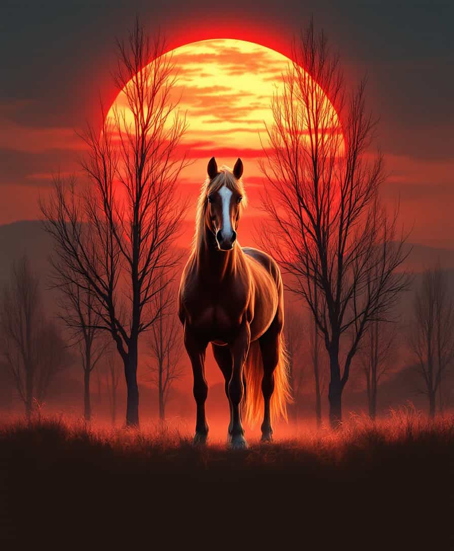 A stunning, realistic landscape in ultra-high resolution, designed as a cinematic poster. A majestic Haflinger horse stands gracefully, slightly offset, in front of a sparsely wooded area. The slender, thin trees form a delicate backdrop. The low-setting sun casts a warm, intense red glow as backlight, creating a dramatic atmosphere around the horse and trees. The foreground features a grassy pasture, subtly illuminated by the same warm light. The scene is topped with the text "Heartland Spirit: Where Mustangs Run Free" in stylish, cinematic typography, evoking the essence of a horse ranch and the free spirit of the wild west. The camera angle is slightly tilted upwards from the center at a considerable distance, giving the scene a grand and inviting feel. The overall composition brings out textures and contrasts with vivid detail, capturing the essence of the wild frontier with elements reminiscent of Western film art.