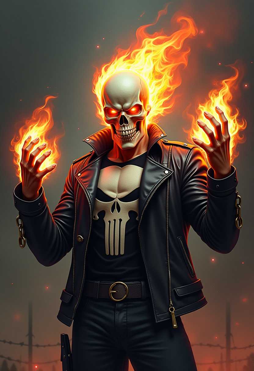 This image is a highdefinition digital artwork that features a character that appears to be a fusion of the Marvel Comics characters Ghost Rider and The Punisher. The character is wearing a black leather jacket with a skull emblem on the chest, which is reminiscent of The Punishers attire. The jacket is detailed with chains and straps, adding to the tough, edgy aesthetic.The characters head is replaced with a skeletal mask that has fiery eyes and a gaping mouth, which is characteristic of Ghost Rider. The mask is also adorned with flames that extend from the top of the head down the back, giving the character a fiery appearance.The characters hands are raised, and they are engulfed in flames, with the fingers spread wide as if ready to strike. The flames are vivid and dynamic, with bright oranges and yellows that transition into reds and whites, creating a sense of movement and intensity.The background is dark and moody, with shades of black and gray, which contrasts sharply with the bright flames. There are also chains and barbed wire that add to the gritty, combative atmosphere.The overall art style is realistic with a touch of fantasy, utilizing dramatic lighting and shadow to emphasize the textures and create a sense of depth. The medium appears to be a digital painting, given the smooth gradients and seamless blending of colors.The colors in the image are primarily dark and muted, with the exception of the bright flames that provide a stark contrast and draw the viewers attention. The use of black, gray, and the fiery oranges, yellows, and reds creates a visually compelling and intense composition.