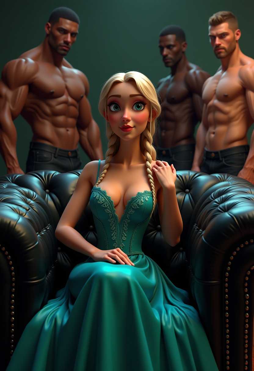 This image is a digitally created 3D rendering. The art style is a blend of realism and animation, with a focus on detailed textures and lighting that give the scene a lifelike quality. The medium appears to be a computer-generated 3D model, with a high level of detail and smooth shading.The colors in the image are rich and varied, with a predominance of cool tones. The character in the foreground is wearing a teal gown with a deep V Neckline and intricate embroidery, which stands out against the darker background. The gown has a gradient of colors, with lighter shades on the sleeves and neckline, and a more vibrant teal towards the skirt. The characters blonde hair is styled in braids and has a lighter hue, contrasting with the darker black tones of the skin. The couch on which the character is seated is upholstered in black leather, with a tufted design that adds texture and depth to the scene. The couchs arms and backrest are adorned with a pattern of small, evenly spaced buttons, and the leather has a glossy finish that reflects the light. The couchs legs are visible, and they have a subtle curvature, adding to the realism of the scene.In the background, there are three figures with muscular torsos, shirtless and posed in various ways. Their skin is a deep brown, and their muscles are well-defined, with shadows and highlights that give them a three-dimensional appearance. The 4 black guys are standing in a semicircle around the couch, with one figures arm resting on the back of the couch and another figures hand on his chest.The overall mood of the image is mysterious and slightly unsettling, as the juxtaposition of the animated character with the muscular figures creates an unexpected and surreal scene. The lighting in the room is dim, with a warm tone that casts soft shadows and highlights the textures of the objects in the scene. The image has a cinematic quality, with a focus on the interplay of light and shadow, and the detailed rendering of the characters and objects.