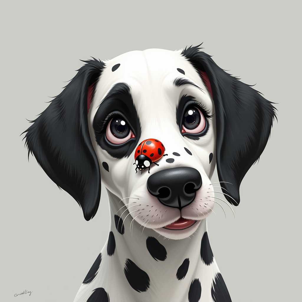 This image is a digital illustration that captures the whimsical and detailed essence of a Dalmatian dog. The dogs fur is depicted in a realistic manner with a focus on texture and shading, giving it a lifelike appearance. The black and white pattern of the dogs coat is iconic for the breed, and it is rendered with precision, showcasing the spots and the overall sleekness of the fur.The dogs expression is one of curiosity and gentle surprise, as evidenced by its wide eyes and slightly open mouth. The eyes are particularly expressive, with a glint of light that adds to their realism. The mouth is curved into a soft, content smile, which contrasts with the dogs alert gaze, creating a charming and friendly demeanor.The medium used to create this artwork appears to be digital painting, as suggested by the smooth blending of colors and the lack of brush strokes. The artist has employed a high level of skill in creating a textured coat that appears soft to the touch, despite the digital nature of the medium.The colors in the image are limited to black, white, and a touch of red from the ladybug perched on the dogs nose. The background is a muted gray, which serves to highlight the dog and the ladybug, drawing the viewers attention to these subjects. The gray background also adds to the overall whimsical and dreamlike quality of the artwork.The objects in the image are the Dalmatian dog and a ladybug. The ladybug is positioned on the dogs nose, which is a common playful trope in art. The ladybug is detailed with a glossy red body and contrasting black spots, which stand out against the dogs nose and the grayscale of the rest of the image. The ladybug adds a pop of color and a touch of innocence to the composition.Overall, the art style of this image is whimsical and detailed, with a focus on realism in the depiction of the dogs fur and expression. The use of limited colors and a muted background enhances the dreamlike quality of the artwork, while the inclusion of the ladybug introduces a playful element that complements the dogs gentle demeanor.