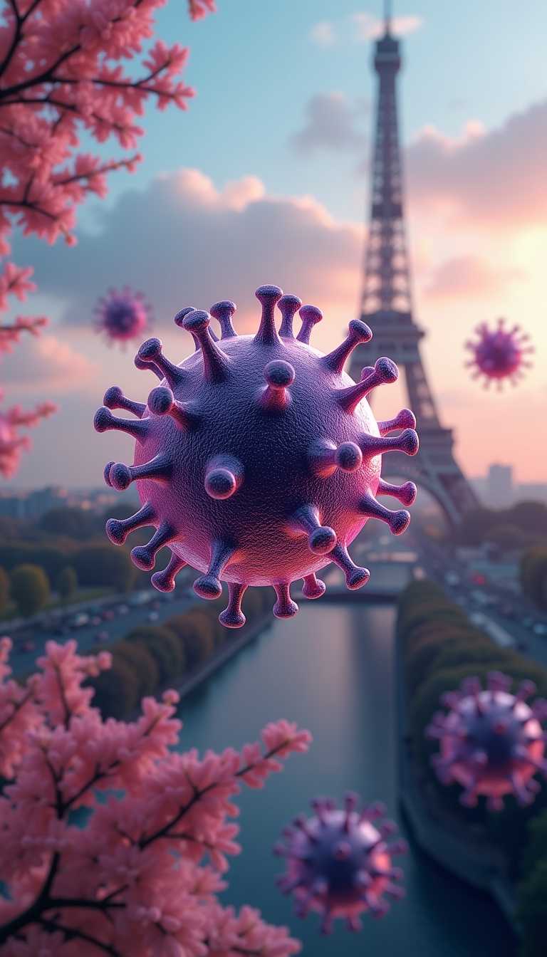 This image is a digital artwork that depicts a closeup of a shiny reflective, transparent virus cell floating in the foreground against a blurred Paris backdrop. The virus cell is the focal point of the image, with intricate details that suggest its microscopic nature. The cell is spherical with a smooth transparent jelly surface, and it is adorned with numerous spikes that protrude outward, giving it a somewhat menacing appearance. The background is filled with similar ojects of varying colors.