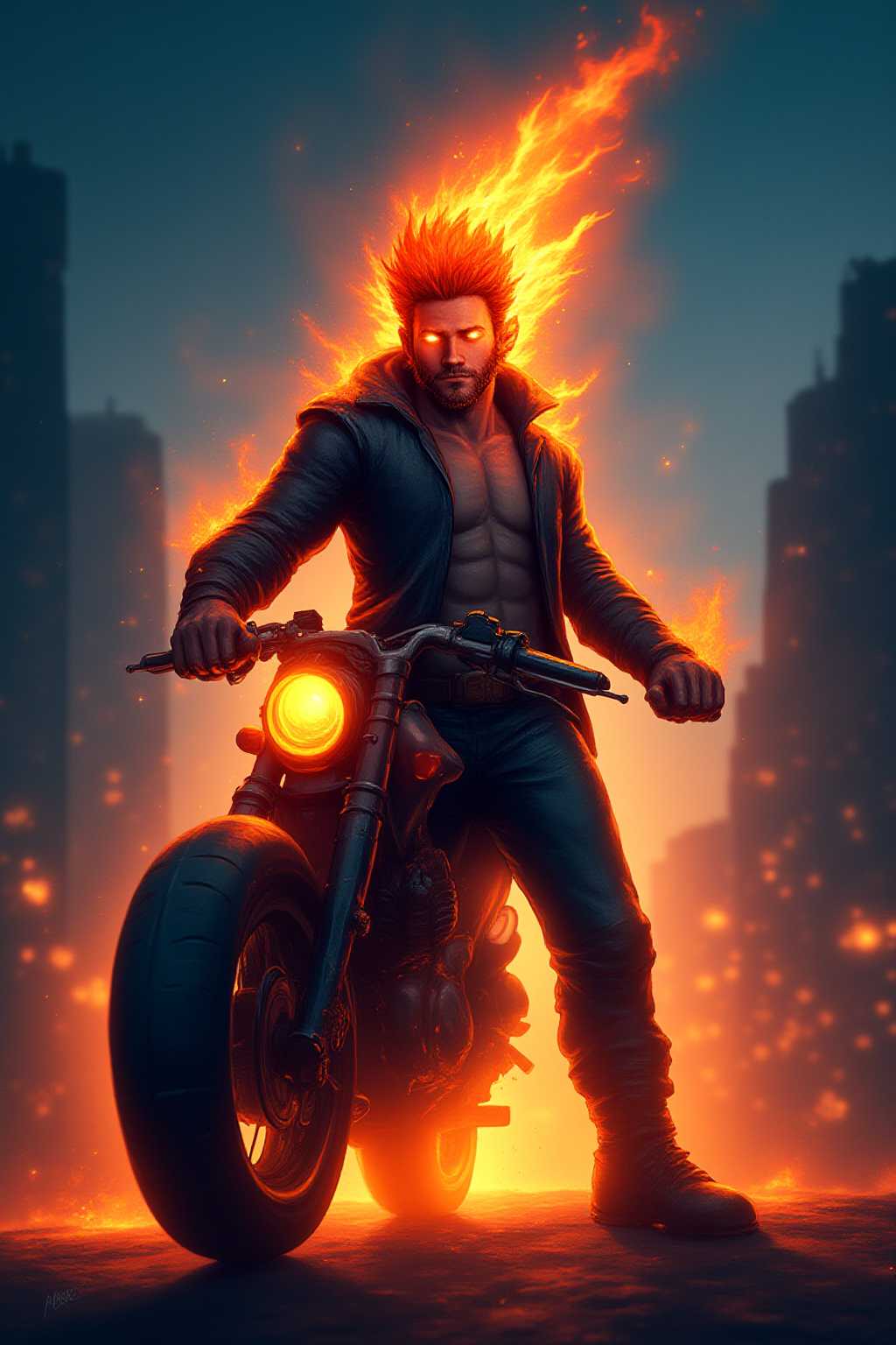 Epic Motorcycle Rider with Flaming Hair and Glowing Eyes