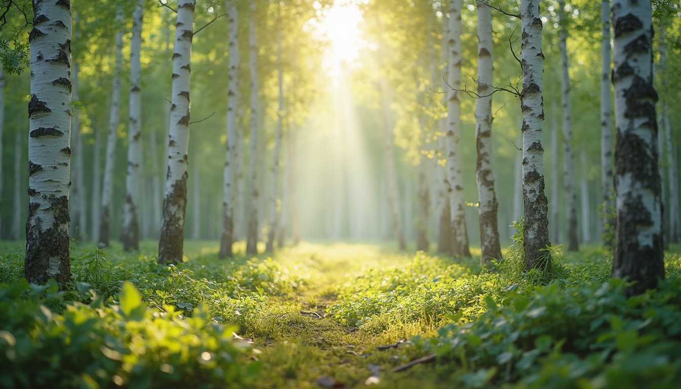 a photo realistic, A serene birch forest with tall white-trunked trees and soft sunlight filtering through the leaves, creating a dappled effect on the forest floor. The ground is lush with soft moss and dew-covered foliage. There are gentle rays of light and a slightly misty atmosphere that evoke freshness and purity. The background has a shallow depth of field to keep the focus centered, leaving space at the center for product placement. High detail, natural colors, bright and clear