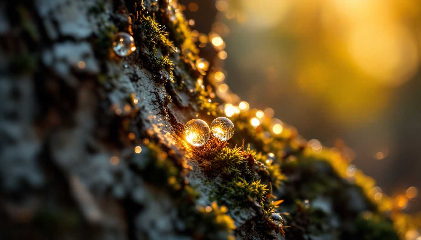 Macro shot capturing the essence of an axe embedded in the bark of a birch tree, showcasing the intricate textures and organic patterns of the bark with mesmerizing detail. The spotlight is on the dew-like droplets of fresh birch sap, which cling tenderly to the newly exposed wood, each glistening luminously as they reflect the sunlight, creating a jewel-like effect. The scene is bathed in warm, natural light, enhancing the purity and richness of the sap, giving it a crystalline appearance. The background softly transitions into a gentle blur, accomplished through a shallow depth of field, to ensure the focus remains on the cut and sap, while leaving adequate space in the center for product placement. This image captures the serene ambiance of a tranquil forest setting, evoking a sense of renewal and rejuvenation. Vibrant and vivid colors are inspired by nature, with the hues in the bark and sap vividly rendered. The photo exhibits high-resolution quality, with razor-sharp clarity to showcase the high texture detail, akin to nature photography's finest works.