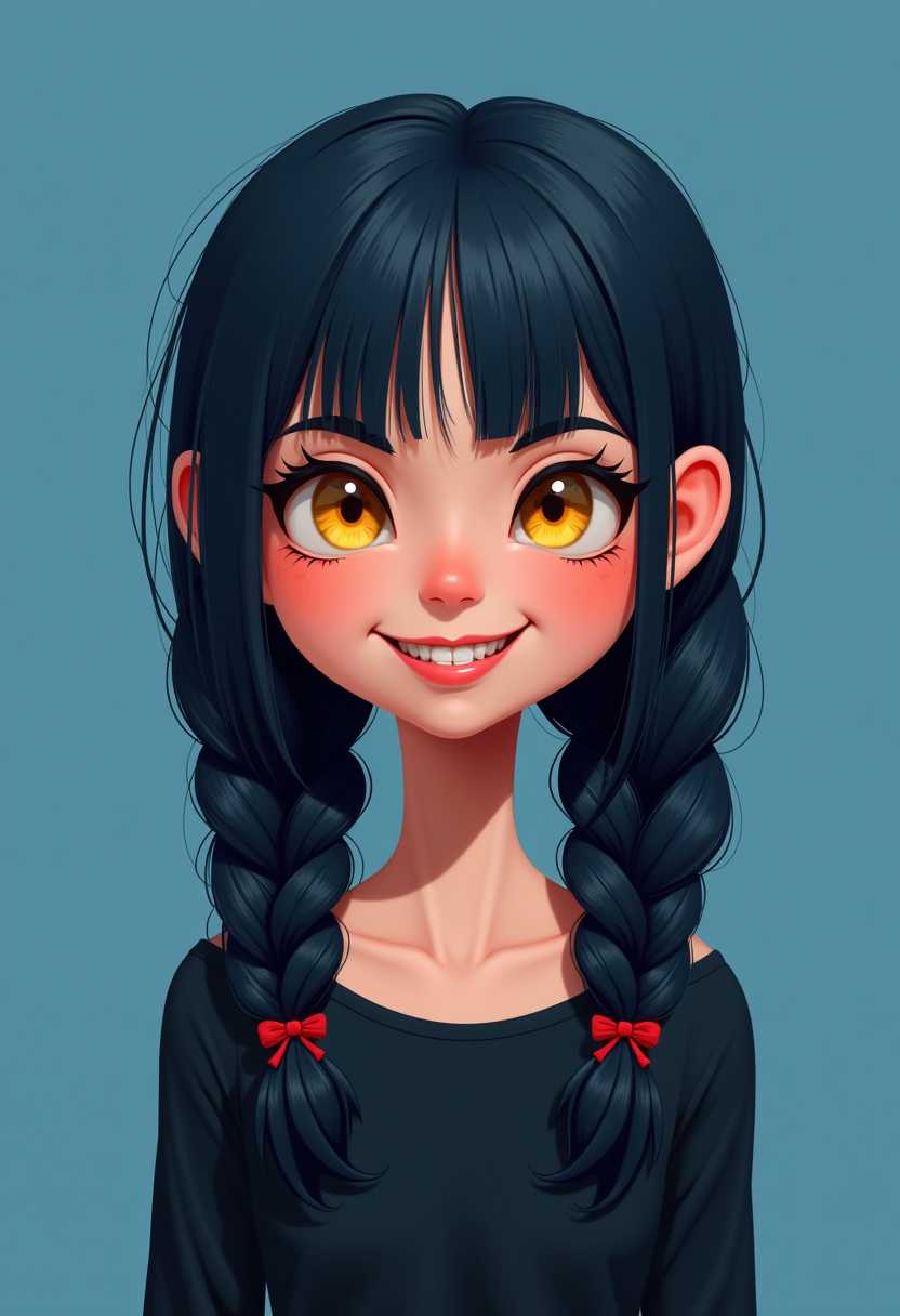 This image is a digital illustration that showcases a stylized character with exaggerated features. The art style is reminiscent of contemporary digital character design with a touch of fantasy, evident in the characters hair and the overall dark color palette.The medium appears to be a digital painting, as suggested by the smooth blending of colors and the lack of texture that might be present in a traditional painting. The lighting and shadow play across the characters face and hair, giving the image a threedimensional quality.The characters mouth is opn, wide smile with nice teeth. The colors in the image are quite muted, with a predominance of dark blues and blacks in the hair and clothing. There are also touches of red, which can be seen in the hair ties and the characters lips. The eyes are a striking shade of yellow with a hint of orange, which stands out against the darker tones of the face. The skin is a soft peach color, providing a contrast to the dark hair and clothing.The character has long, straight hair that falls down the back, divided into two thick braids that are secured with red ties. The hair is detailed with individual strands that give it a realistic texture. The braids are also detailed with red highlights that match the ties, adding to the cohesive color scheme.The clothing is a simple, dark dress that covers the character from the shoulders down. The dress is plain, with no patterns or embellishments, which allows the focus to remain on the characters hair and facial expression. Plain blue background