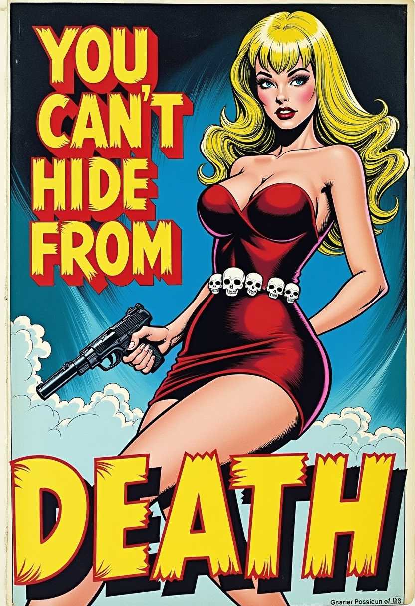 Vintage Comic Book Poster Featuring a Blonde Woman with a Gun and the Word Death in Large Letters