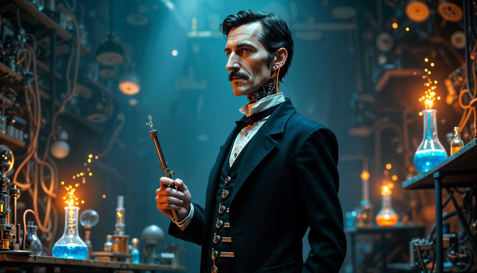 AI-generated image: teslapunkai,
**Subject**: A "Teslapunk" version of Nikola Tesla stands at the center of his bustli