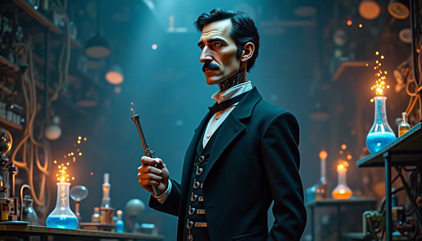 teslapunkai, 

**Subject**: A "Teslapunk" version of Nikola Tesla stands at the center of his bustling laboratory in an intense moment of scientific breakthrough. he has a wrench and a screwdriver in hes hands, Tesla is portrayed as a tall and slender figure, complete with a distinguished gray mustache and sharp, focused features. He wears a dark Victorian suit complemented by a tailored waistcoat, a neatly done tie, and a glimmering pocket watch chain, hinting at both his professionalism and eccentricity. His hair is meticulously combed, and his eyes, with a sparkling hint of electric blue, exude concentration and brilliance. A teslapunk headset with complex earpieces adorns his head, used perhaps for communication or monitoring the progress of his experiment. A notable feature is his mechanical arm, evidencing a fusion between organic and cutting-edge technology, possibly a sophisticated prosthetic.

**Environment**: The laboratory is a hive of creativity and innovation, cluttered with an array of scientific apparatus. Dimly lit, it exudes an air of mystery and discovery, filled with glassware like test tubes and beakers containing a luminescent blue liquid. Sparks leap occasionally from these vessels, hinting at a chemical reaction or conducting electricity. In the backdrop