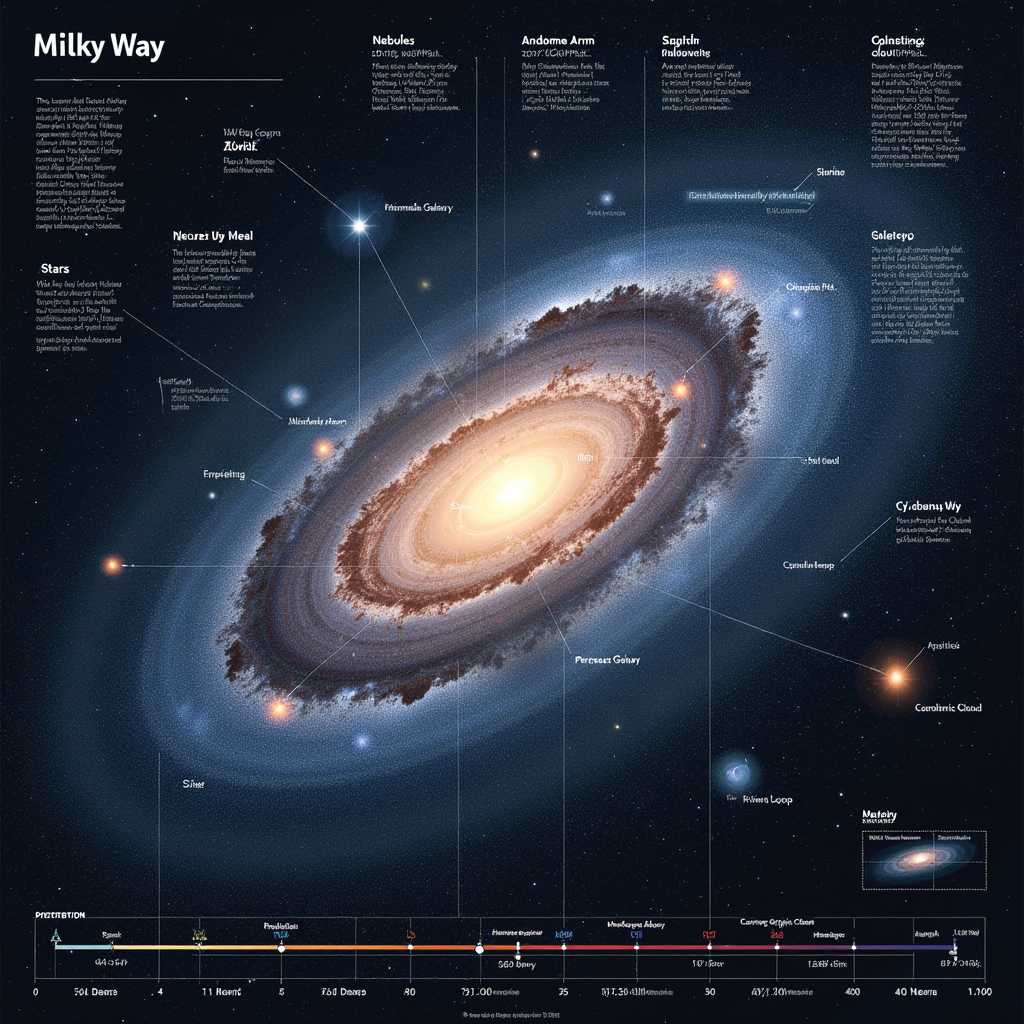This image is a highly detailed and informative representation of the Milky Way galaxy, focusing on the central bulge and spiral arms. The art style is a blend of scientific illustration and cosmic imagery, with a focus on providing a comprehensive view of the galaxys structure and key astronomical features.Medium The image appears to be a digital creation, utilizing computer graphics and possibly astronomical data to create a realistic and informative depiction of the Milky Way.Colors The image employs a palette that is both scientific and aesthetically pleasing. The dark background suggests the deep space, while the various shades of blue and white represent stars and interstellar clouds. The spiral arms are depicted in a gradient of colors, with the inner arms appearing more concentrated and the outer arms spreading out, which is consistent with the observed structure of spiral galaxies.Objects in the Image1. Milky Way Galaxy The central bulge is prominently displayed, with the spiral arms extending outward. The arms are labeled with their names, such as the Perseus Arm and the Sagittarius Arm.2. Stars Throughout the galaxy, numerous stars are represented by small dots of light, varying in size and brightness to indicate different magnitudes.3. Nebulae Several nebulae are labeled and depicted, such as the Orion Nebula and the Cygnus Loop.4. Galaxies There are several galaxies labeled, such as the Andromeda Galaxy and the LMC Large Magellanic Cloud.5. Astronomical Features The image includes various astronomical features, such as the zone of avoidance, comoving galaxies, and SMC direction.6. Scale and Distance Indicators The image includes a scale bar at the bottom, showing distances in kiloparsecs kpc and kilometers per second kly, which provides a sense of the vastness of the Milky Way.7. Additional Information There are also labels and annotations throughout the image, providing additional information about the various features and objects.Overall, this image is a powerful tool for visualizing and understanding the structure and key features of the Milky Way galaxy. It combines scientific accuracy with artistic presentation, making it both informative and visually appealing.