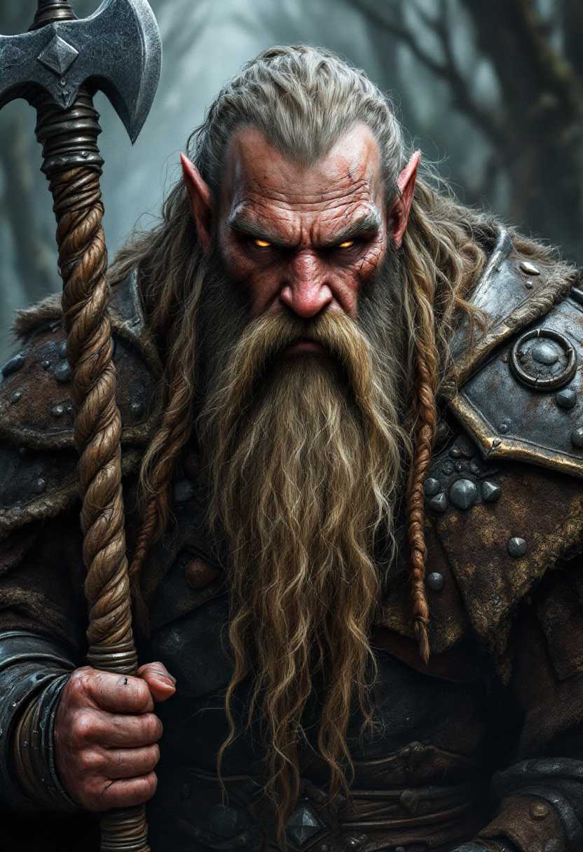 A portrait of a grim dwarf warrior with a long-braided beard, iron armor, and a mighty axe. In the style of a Tolkien Lord of the Rings fantasy world