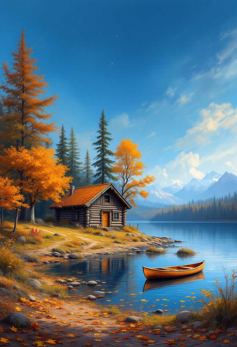 Hyper realistic oil painting. On the shore of the lake, in the middle of peace and harmony, there is a simple wilderness cabin built of logs. There is a wooden boat on the shore of the lake. 
Around the cabin, you can see the fall colors in different shades of 
beautiful orange and yellow in the trees and in the leaves on the ground. They have a wonderful contrast with the blue spherical sky.