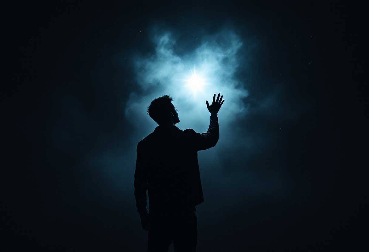 Dark silhouette of a male figure captured from behind, standing in stark contrast against a vast, dark expanse. The figure's hand is outstretched, reaching towards a bright, pale bluish-white star in the distance, shimmering with an ethereal glow. A delicate veil of mist envelops the scene, gracefully swirling and partially obscuring the view between the figure and the star, adding depth and mystery. The image is captured with a high-contrast, low-light photography technique, emphasizing the stark silhouette against the cosmic backdrop. The composition focuses on the figure as a central element, slightly off-center for dynamic appeal, with the camera situated at a low angle to enhance the sense of reaching and longing. The atmosphere is serene yet enigmatic, invoking a feeling of introspection and the infinite possibilities of the universe. The scene is framed to include the vast emptiness surrounding the figure and the star, highlighting the solitude and grandeur of the cosmos.