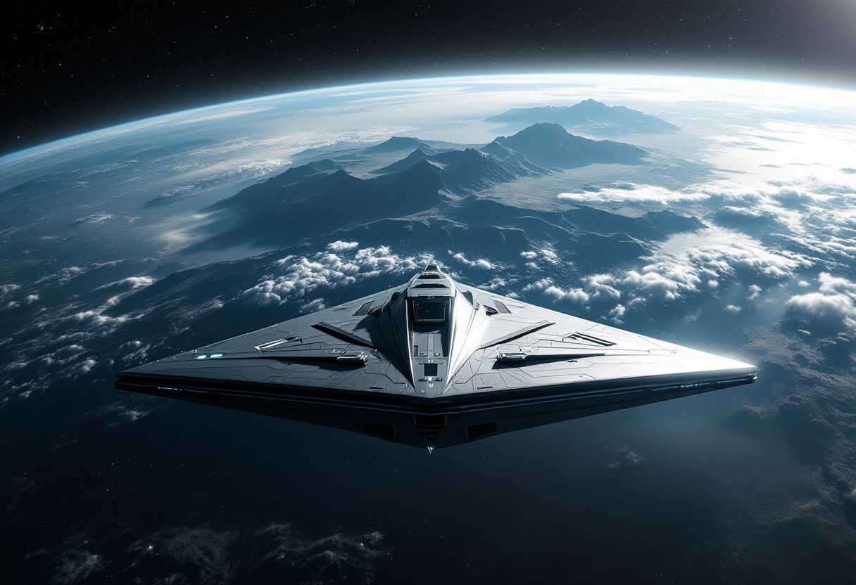 Spacecraft Soaring Above Earths Majestic Mountains and Clouds
