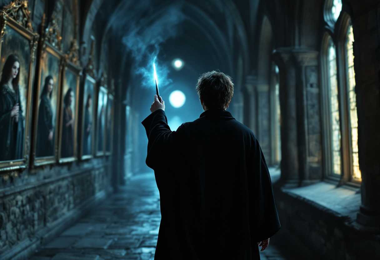 A mesmerizing nighttime scene of a 15-year-old Harry Potter wandering the dimly lit corridors of Hogwarts Castle. The composition portrays Harry from behind, his silhouette emphasized by the dark, flowing robe with wide sleeves that sways slightly as he walks. In his raised right hand, his wand emits a subtle, pale bluish light—a magical flashlight highlighting his path. The corridor stretches ahead, bordered on the right by a series of tall, Gothic arched windows through which soft moonlight gently seeps, casting ethereal shadows on the stone floor. The left wall is a gallery of medieval-styled portraits of witches and wizards, their robes rich with intricate patterns; some figures attentively watch Harry, while others remain still, eyes closed as if in slumber. The atmosphere is one of calm yet palpable tension, underscored by the quiet echo of Harry's footsteps. The ambient moonlight mingles with the wand's glow, creating a mystical chiaroscuro effect that enhances the magical ambiance. The shot is framed from a slightly lower angle, emphasizing the towering architecture and the weight of history within the castle. The overall mood is a tapestry of solitude and intrigue, capturing the essence of a young wizard's journey through the storied, enigmatic halls at night.