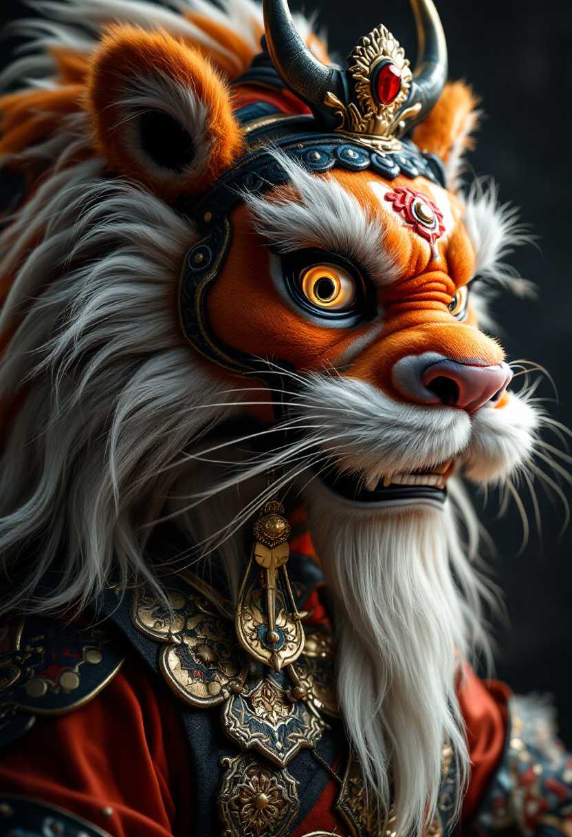 Personified lion, Chinese zodiac, exquisiste portrait, chinese tang, dynasty costume, armor, studio lighting, 8k, hyper realistic, UHD 4K,