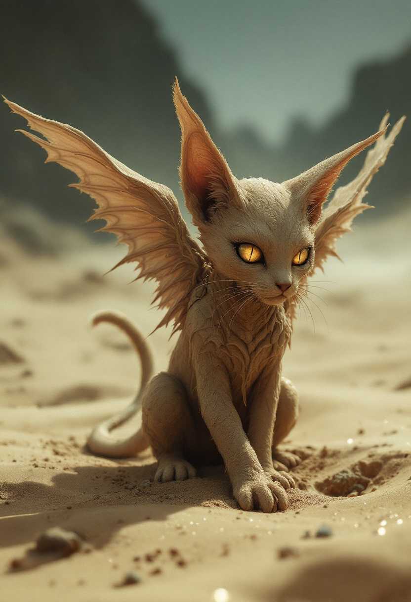 A mesmerizing dark fantasy photo of a half-cat, half-sand creature in a desert setting. The creature's body is made of sand and flows like liquid, seamlessly blending with the shifting desert grains. It has a rocky terrain and a solid body. The creature's eyes gleam like polished stones, reflecting the eerie light of the moon. Its wing-like structures, resembling delicate dunes, morph and change shape with the gentle breeze. The overall atmosphere is cinematic, with a mysterious and enchanting aura that draws the viewer in.