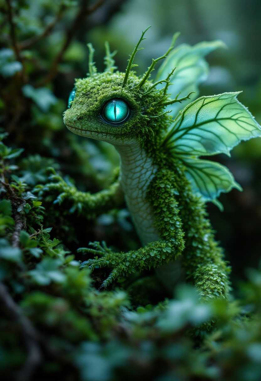 A captivating image of a dark fantasy creature, a gentle fusion of salamander and moss. The creature's body is covered in soft, velvety moss, with tiny green shoots serving as its limbs. Its eyes emit a soothing, soft glow, while its translucent, emerald-veined fairy wings resemble the leaves of a forest. The creature seems to be blending seamlessly with its surroundings, creating a mysterious, cinematic atmosphere., dark fantasy, cinematic, photo
