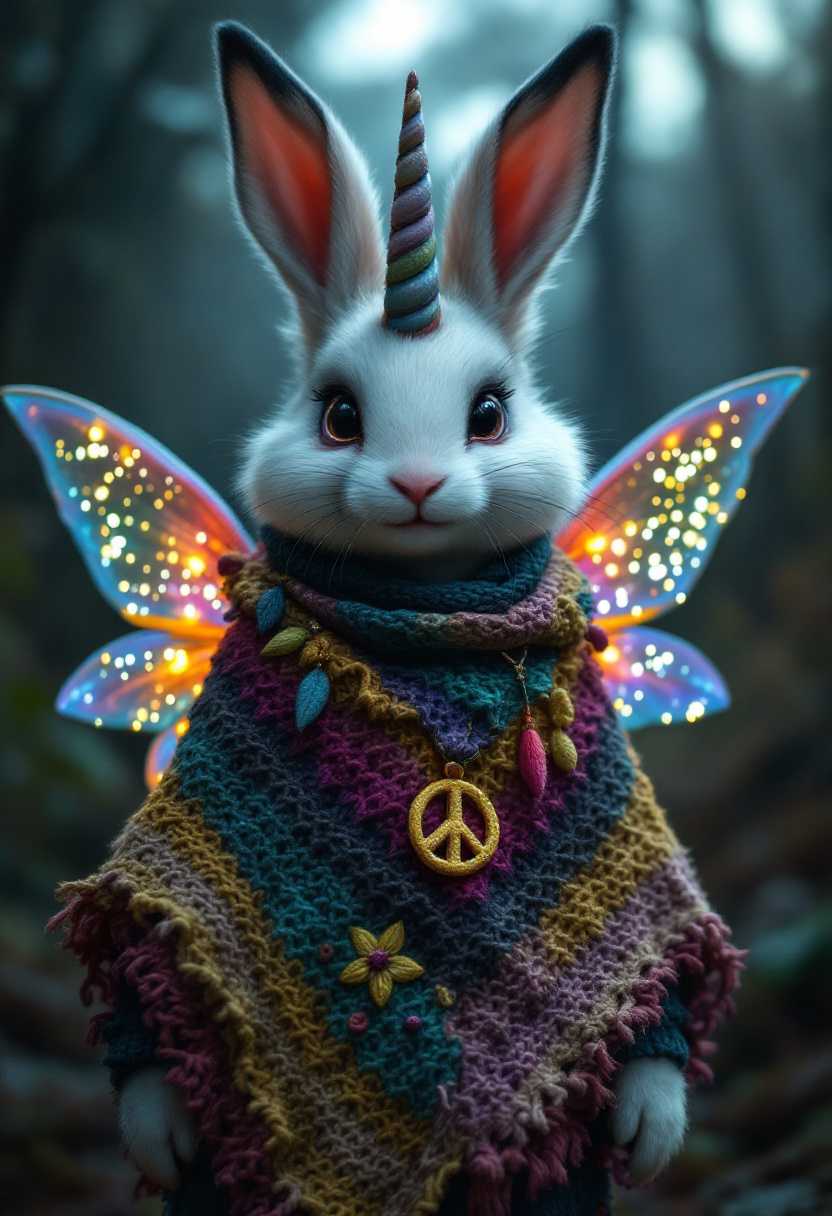 A captivating cinematic photograph of a mythical creature, featuring a gentle blend of bunny, raven, and unicorn. This enchanting being has soft bunny ears, sleek raven feathers, and a tiny unicorn horn adorning its head. Dressed in a colorful, knitted hippie poncho embellished with a peace sign, it also sports sparkly pastel fairy wings. The creature's bright, friendly smile adds a sense of warmth to the dark fantasy atmosphere, as it stands against a mysterious, moonlit backdrop., dark fantasy, cinematic, photo