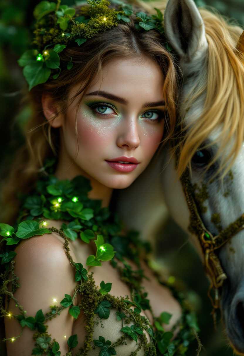 A photo of a charming young woman with sparkling green and brown eyeshadow that evokes the forest floor. She wears a dress woven from enchanted ivy and moss, which glows faintly. A gentle, golden-haired unicorn nuzzles her shoulder, blending into the magical scene.