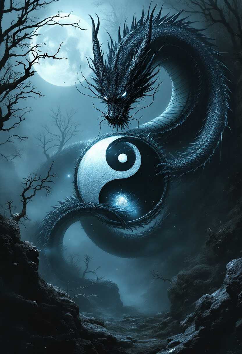 A captivating dark fantasy image of a massive Asian dragon, coiled around a serene Yin Yang symbol. The dragon's eyes glow ominously, and its scales shimmer in a blend of black and silver. The background is a mysterious, foggy landscape with ancient trees and a distant, ominous moon. The overall atmosphere of the image is mystical and eerie, with a sense of hidden power and ancient wisdom., dark fantasy